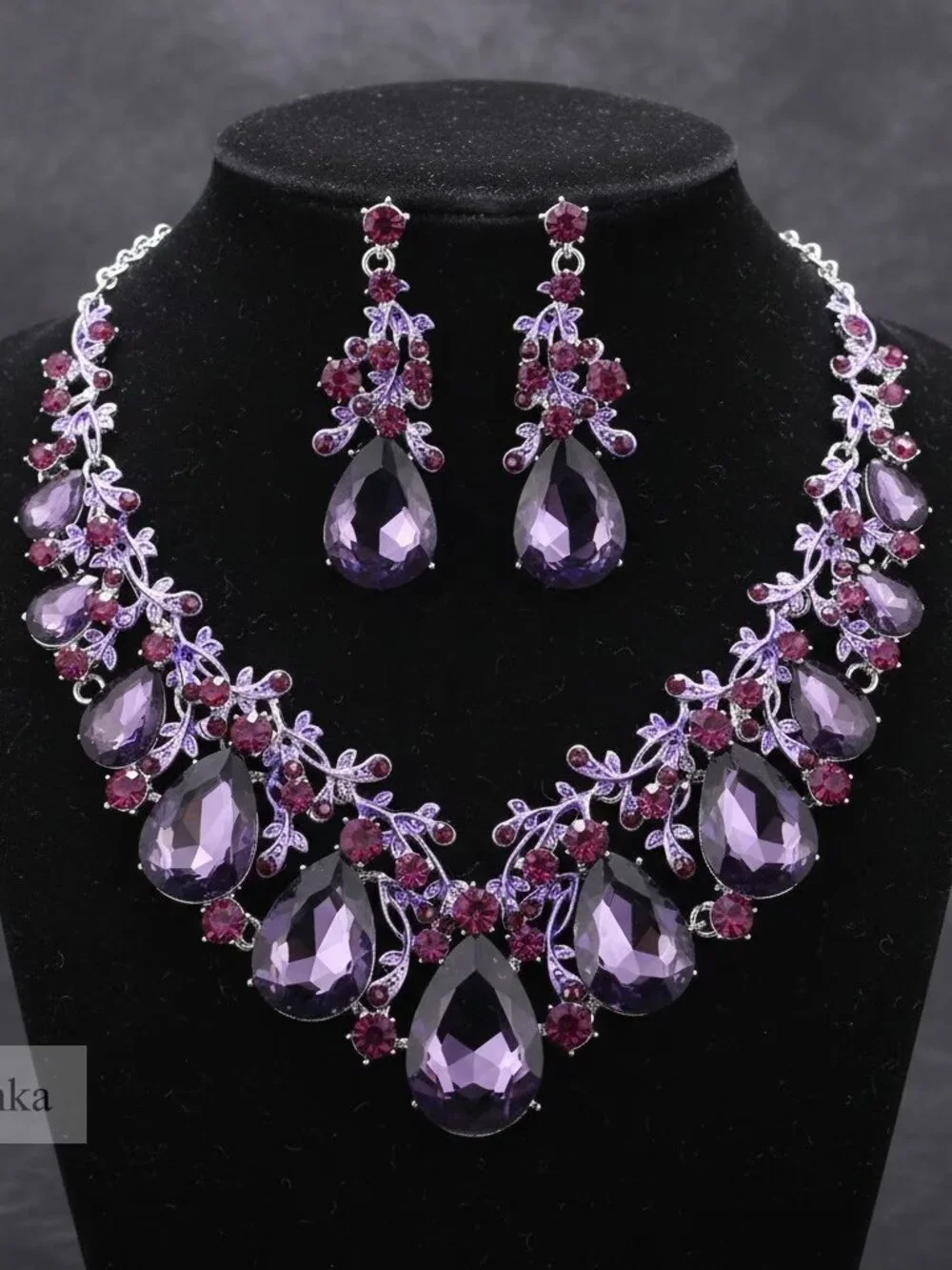 Purple Crystal Flower Necklace & Earrings Set Wedding Jewelry Gift - NEW